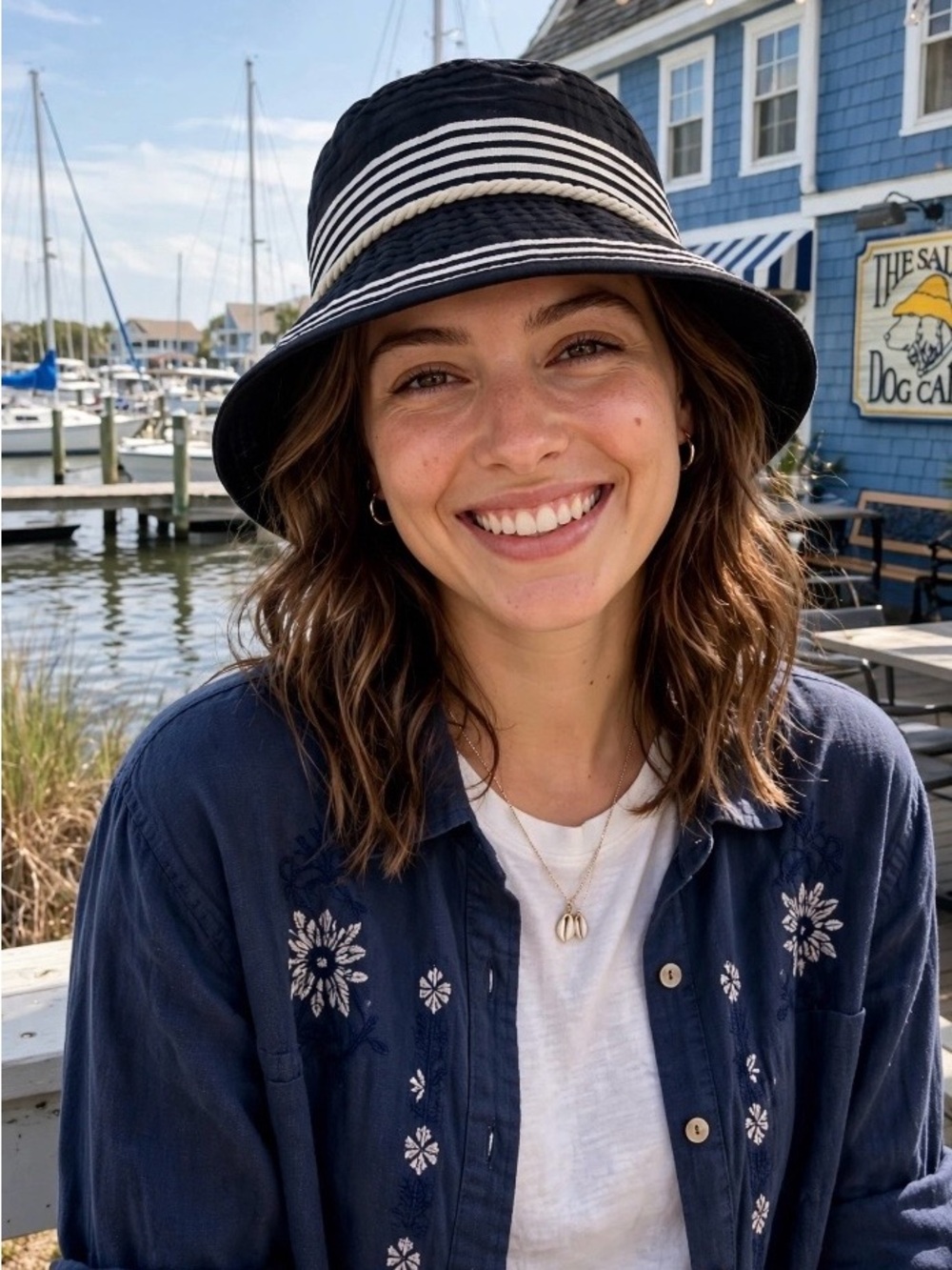 Four Buttons by San Diego Hat Co. Bucket Black & White Striped Sun Hat w rope.